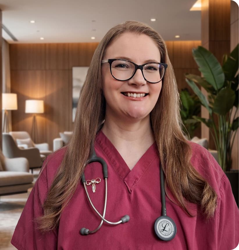 Portrait of Dr Charlotte smiling in a clinic